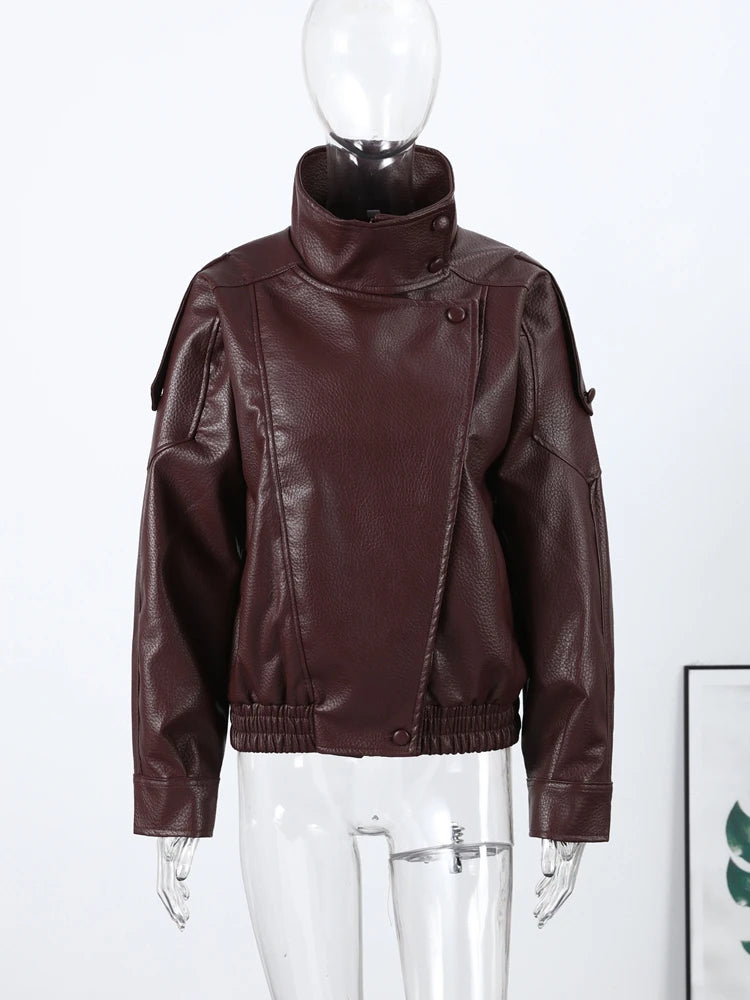 Women's Faux Leather Jacket – Oversized Stand Collar Coat