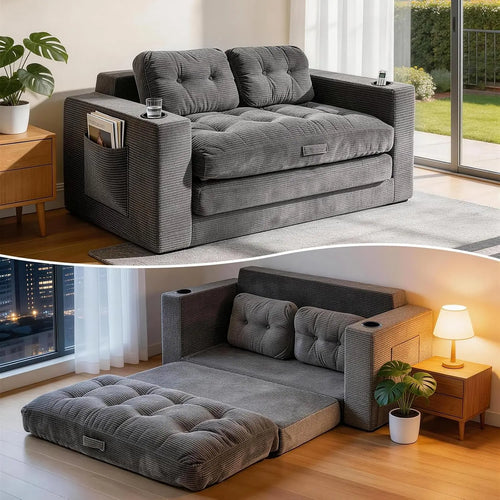 Convertible Corduroy Loveseat Sleeper Sofa Bed with Cup Holders