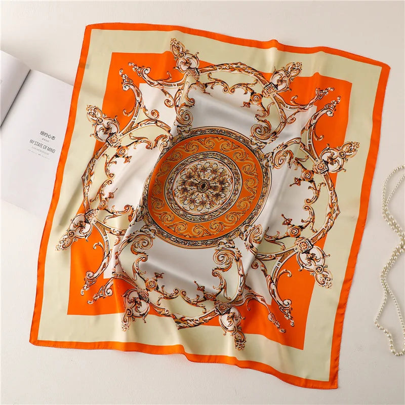 Satin Square Scarf Women Cute Cat Print Headscarf Neckerchief