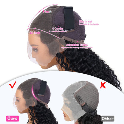 Deep Water Wave Human Hair Lace Front Wig 13x4 HD Lace 18-42 Inch Natural Black
