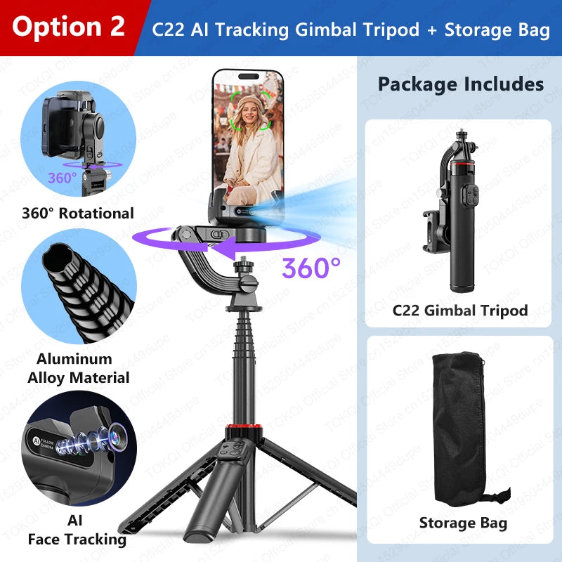 C22 AI Face Tracking Gimbal Stabilizer – 360° Selfie Stick Tripod