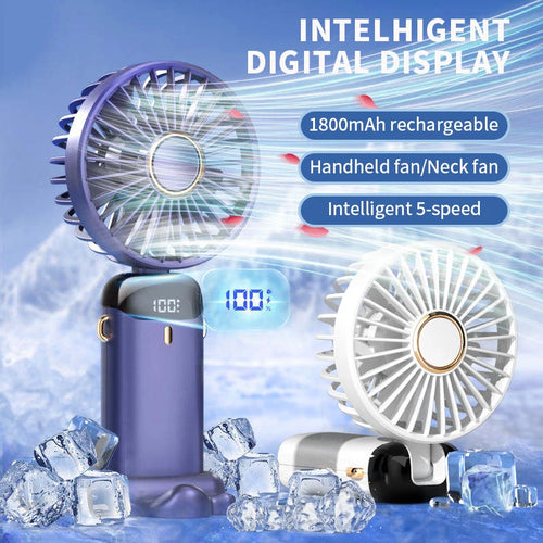 Handheld Mini Fan Foldable 5-Speed USB Rechargeable with Phone Stand & LED Display