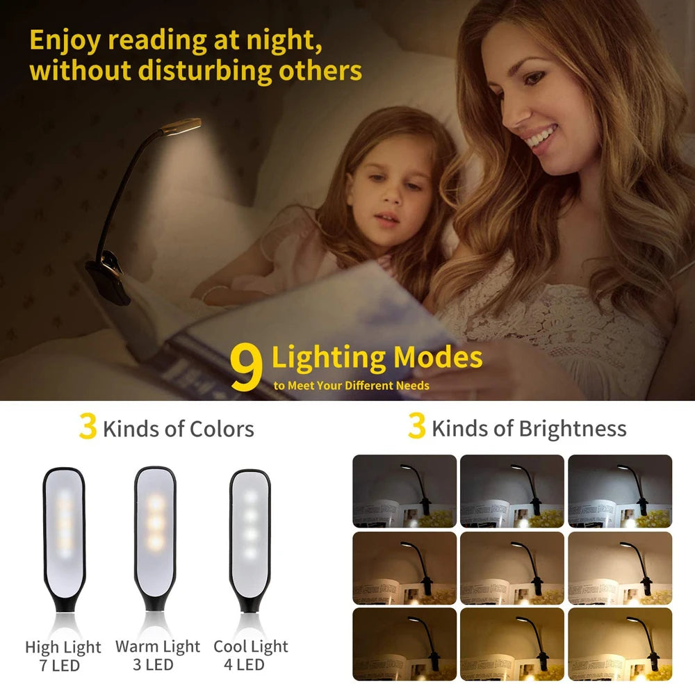 LED Book Light Clip-On – USB Rechargeable, 7 LEDs, 3 Color Modes