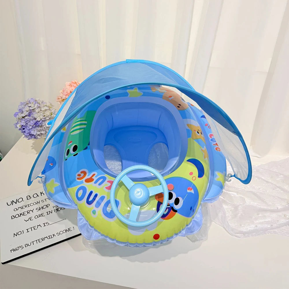 Baby Swim Float Seat Ring with Sunshade Canopy & Steering Wheel – Ages 0–6