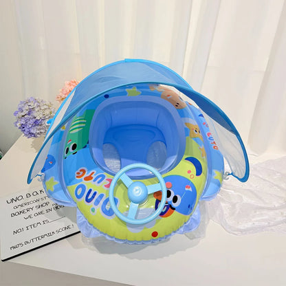 Baby Swim Float Seat Ring with Sunshade Canopy & Steering Wheel – Ages 0–6