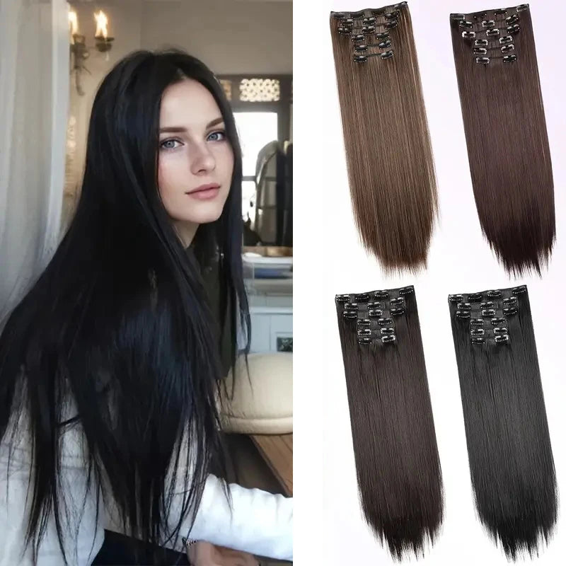 Clip-In Hair Extensions 6-Piece Set – Long Straight Synthetic Hair
