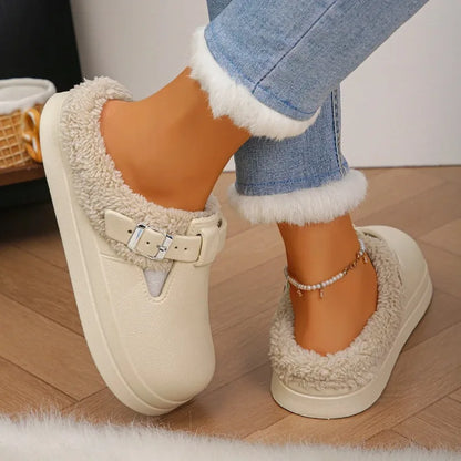 Waterproof Furry Mule Slippers – Women's Winter Clogs with Buckle