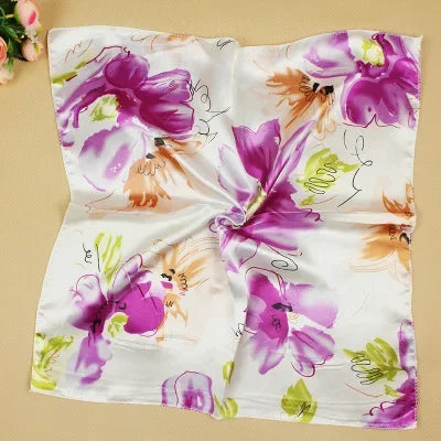 Women's Printed Square Head Scarf – 50x50cm Silk-Feel Kerchief