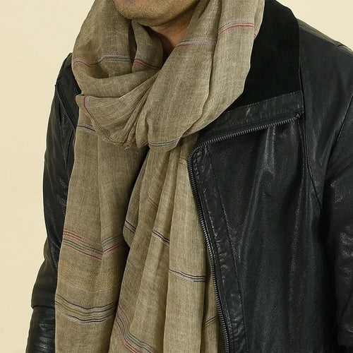 Men's Cotton Linen Striped Scarf with Tassels – Long Shawl Wrap