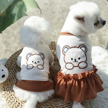 Bear Embroidered Dog Dress & Shirt – Cute Small Pet Outfit