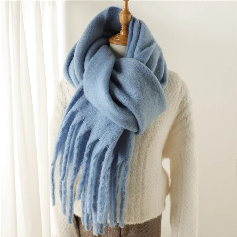 Thick Cashmere Winter Scarf for Women – Solid Blanket Wrap with Tassel