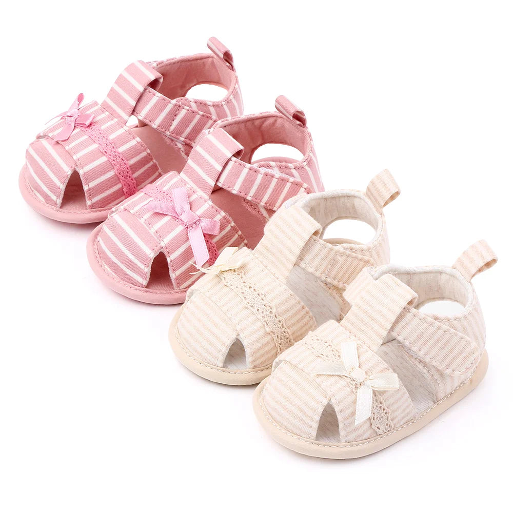 Baby Girl Cotton Sandals – Breathable Bow Toe-Covered 0–18 Months