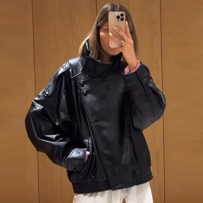 Women's Oversized Faux Leather Bomber Jacket – Cropped Zip-Up