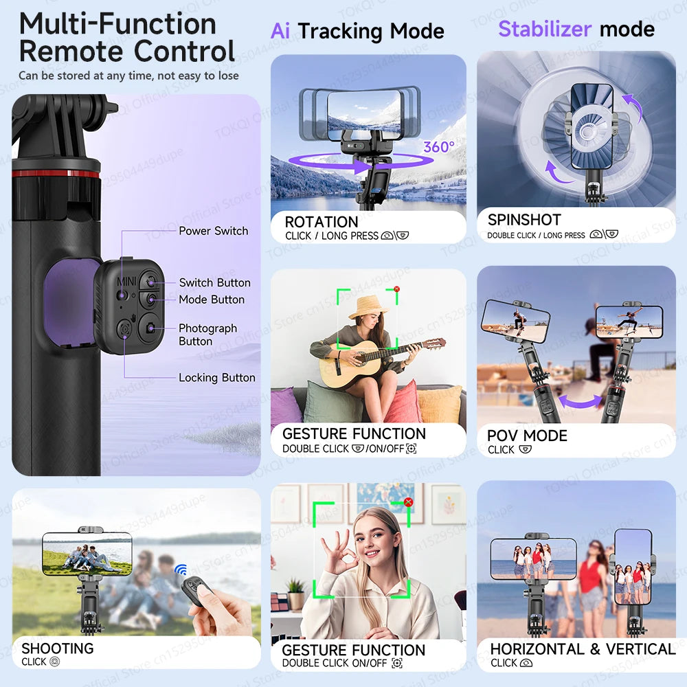 C22 AI Face Tracking Gimbal Stabilizer – 360° Selfie Stick Tripod