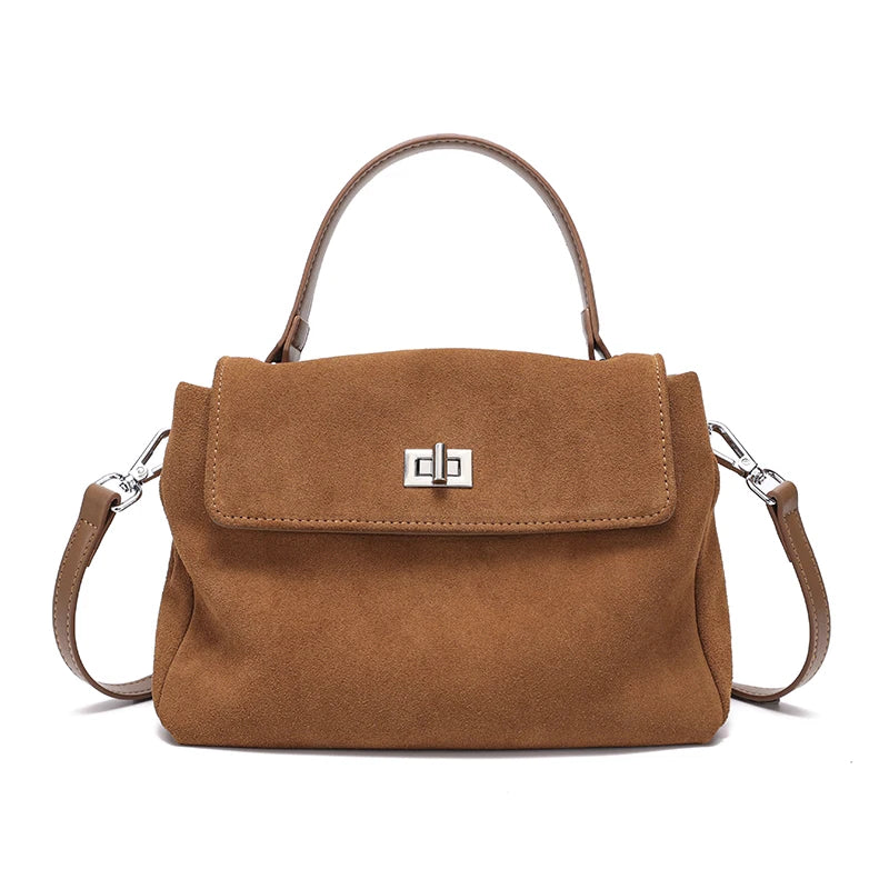 Suede Leather Crossbody Bag for Women – Turn-Lock Shoulder Bag