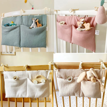 Baby Crib Hanging Storage Bag – Muslin Bedside Organizer
