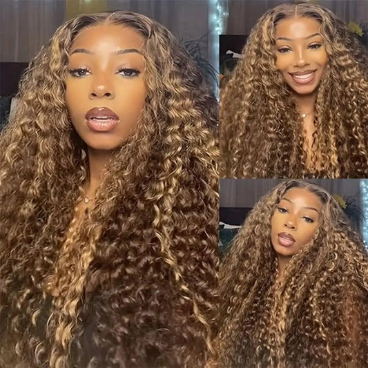 Honey Blonde Highlight Deep Wave Lace Front Wig 13x4 Human Hair