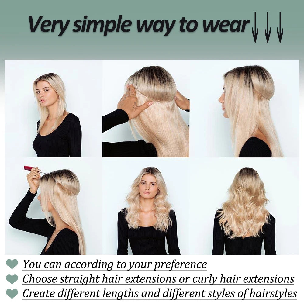 No-Clip Halo Hair Extensions – Long Wavy Synthetic Hairpiece