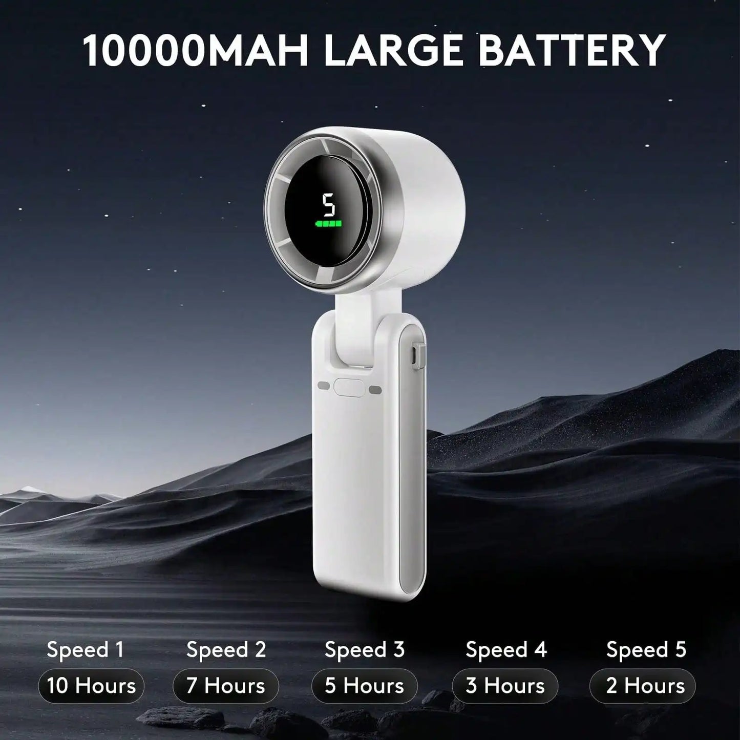 Portable Handheld Fan – 5-Speed LED Display, Battery Operated
