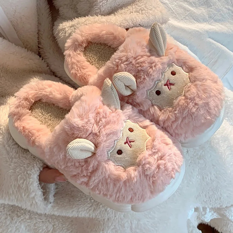 Fluffy Sheep Plush Slippers – Warm Faux Fur Indoor Home Shoes
