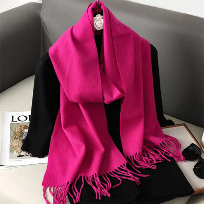 Women's Solid Cashmere Winter Scarf with Tassels – Warm Shawl Pashmina