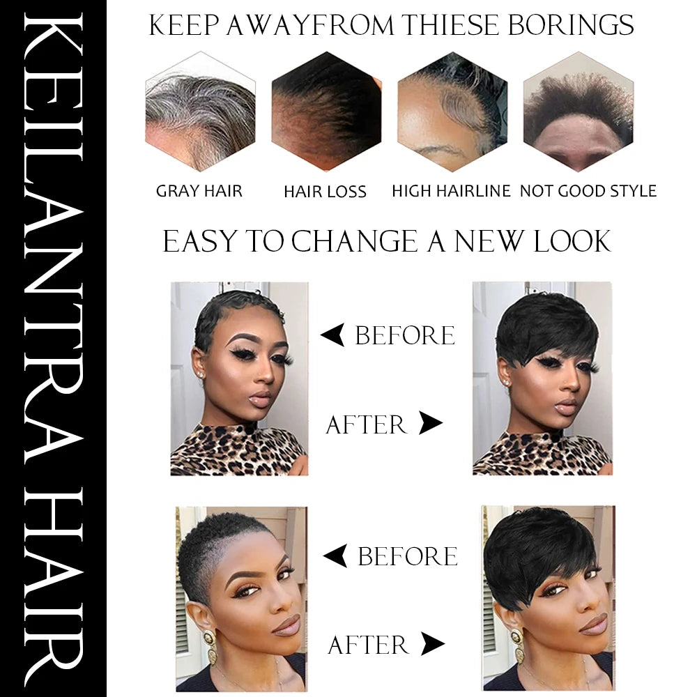 Short Pixie Cut Human Hair Wig with Bangs for Black Women