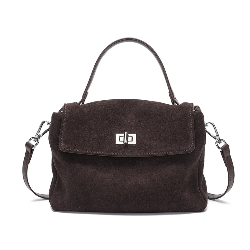 Suede Leather Crossbody Bag for Women – Turn-Lock Shoulder Bag