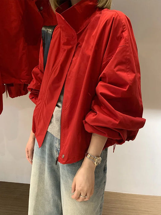 Women's Loose Windbreaker Jacket – Stand Collar Drawstring Short Coat