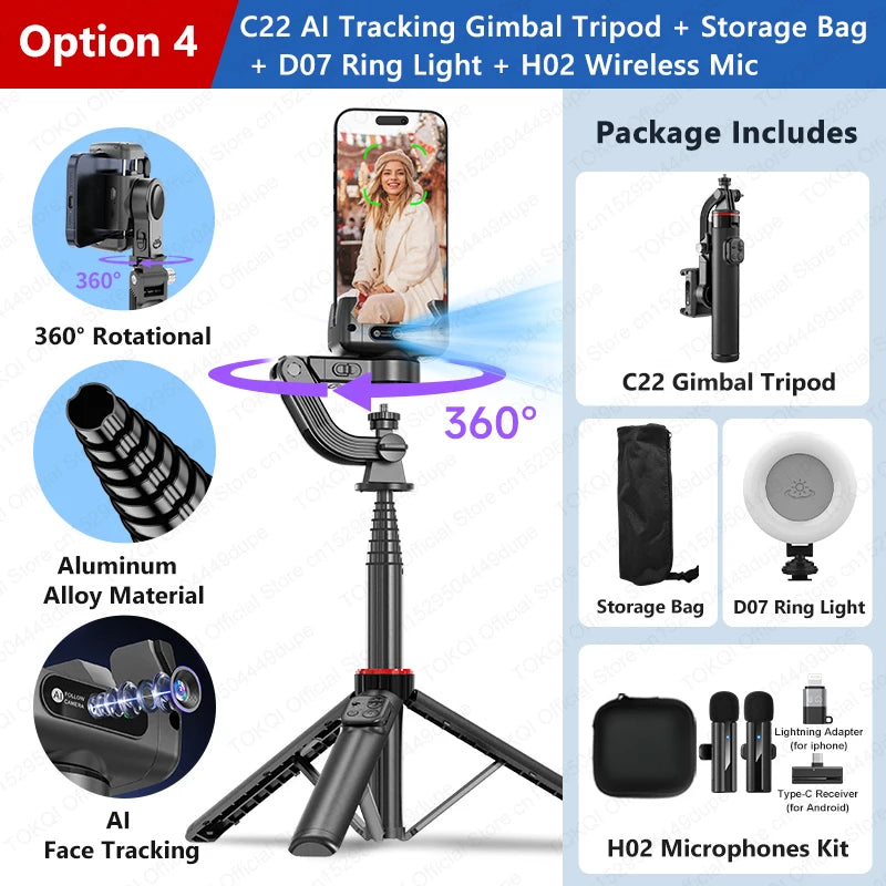 C22 AI Face Tracking Gimbal Stabilizer – 360° Selfie Stick Tripod