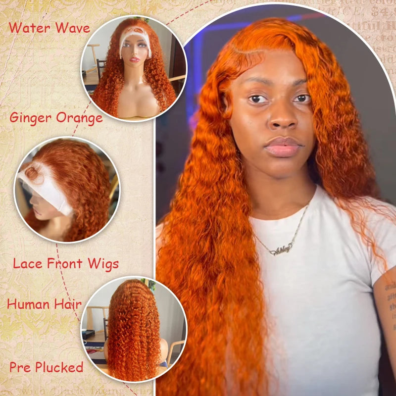 Ginger Orange Water Wave Lace Front Wig Human Hair 13x4 13x6 16-42 Inch