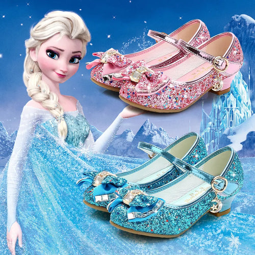 Girls Glitter Dress Shoes with Bow – Kids Low Heel Party Sandals