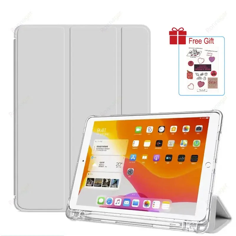 iPad Case with Pencil Holder - Clear Back Trifold Smart Cover