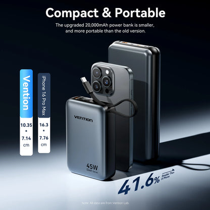 Vention 20000mAh Power Bank 45W Fast Charging with Built-In USB-C Cable