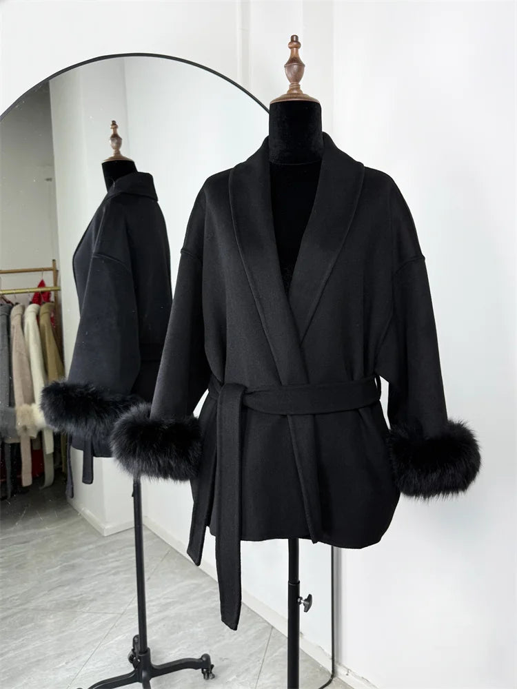 Women's Wool Coat with Fox Fur Cuffs & Belt – Elegant Short Overcoat