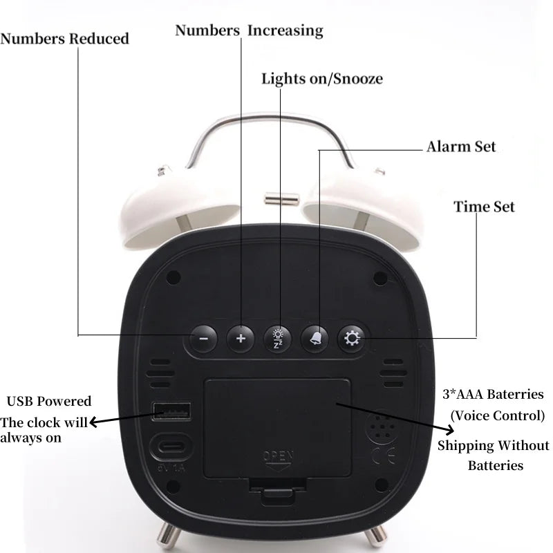 Voice Control Digital Alarm Clock – Double Bell, Super Loud, Night Mode