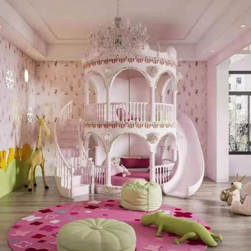 Double Decker Castle Kids Bed with Slide and Safety Rails