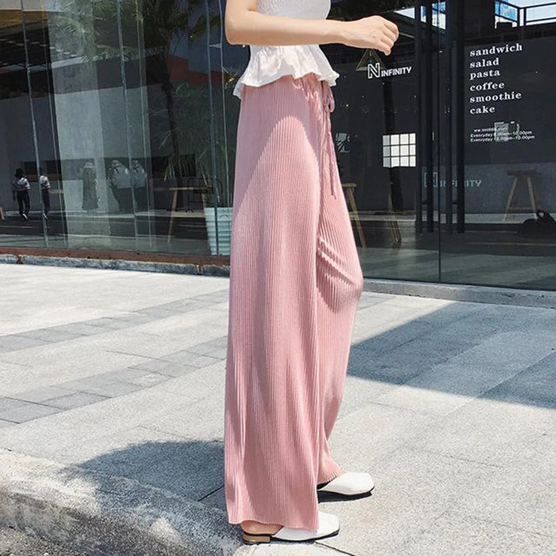 Wide Leg Pants for Women – Pleated Ice Silk Elastic Waist
