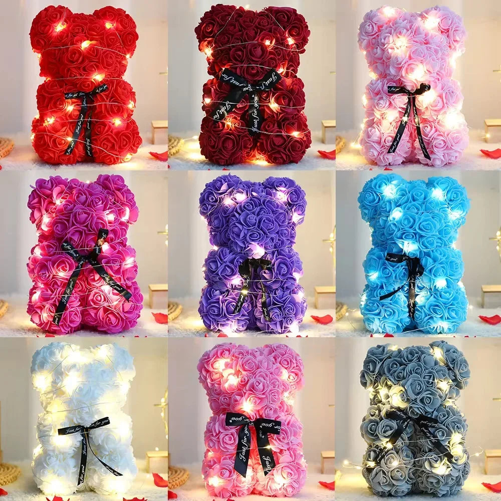 Rose Teddy Bear Gift – Artificial Flower Bear with LED Lights