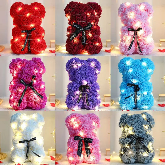 Rose Teddy Bear Gift – Artificial Flower Bear with LED Lights