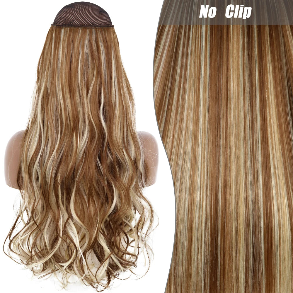No-Clip Halo Hair Extensions – Long Wavy Synthetic Hairpiece