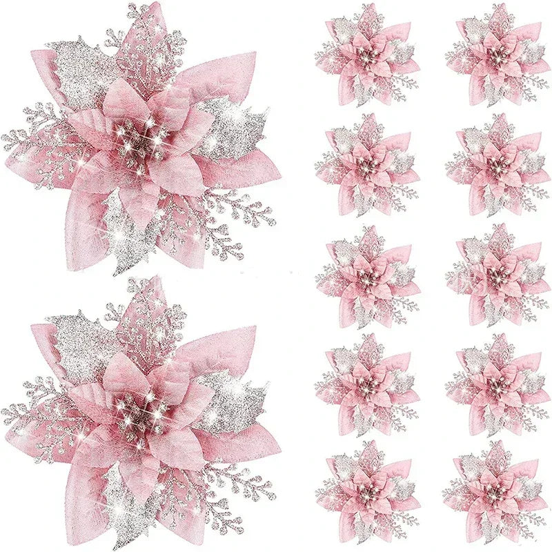 Glitter Artificial Christmas Poinsettia Flowers – Set of 5