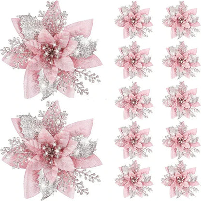 Glitter Artificial Christmas Poinsettia Flowers – Set of 5