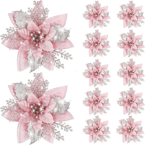 Glitter Artificial Christmas Poinsettia Flowers – Set of 5