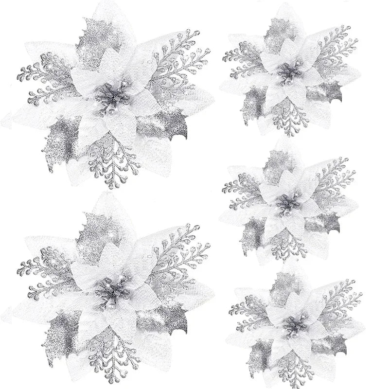 Glitter Artificial Christmas Poinsettia Flowers – Set of 5