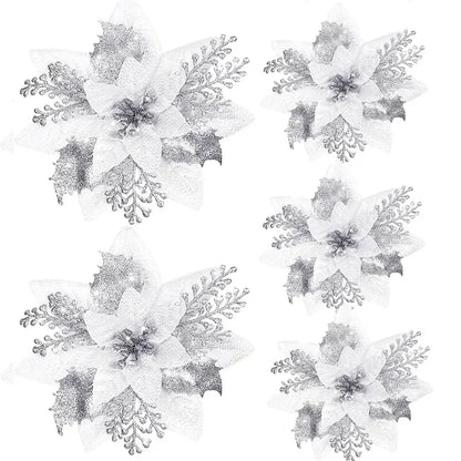 Glitter Artificial Christmas Poinsettia Flowers – Set of 5