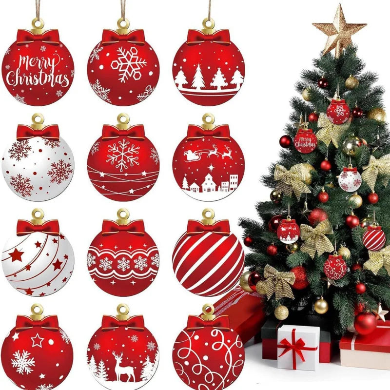 Christmas Ball Ornaments Set of 12 – Red & White Wooden Tree Decorations