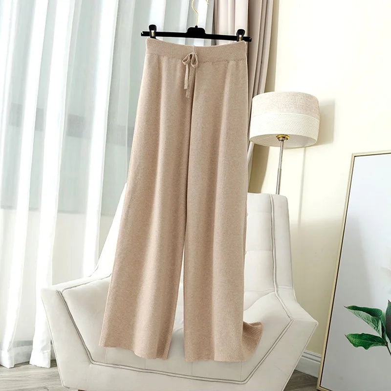 Knit Wide-Leg Pants for Women – Warm Elastic Waist Straight Trousers
