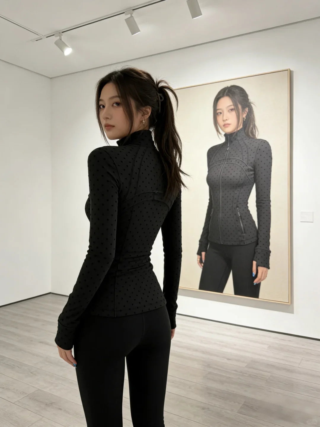 Polka Dot Zip-Up Jacket Women Stand Collar Slim Fit Outerwear