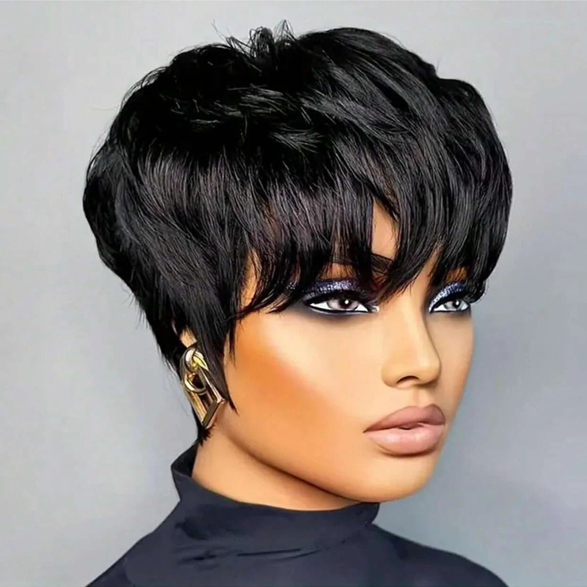 Pixie Cut Short Bob Wig with Bangs Glueless Natural Black