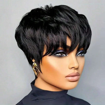 Pixie Cut Short Bob Wig with Bangs Glueless Natural Black